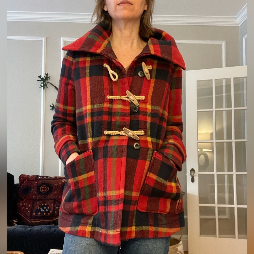 Red plaid toggle coat from Anthropologie Daughters of Liberation